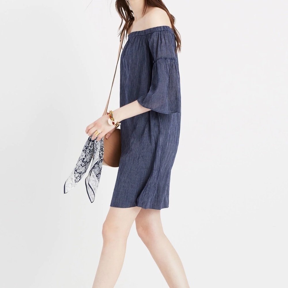 MADEWELL Off The Shoulder Blue Stripe Bell Sleeve Dress